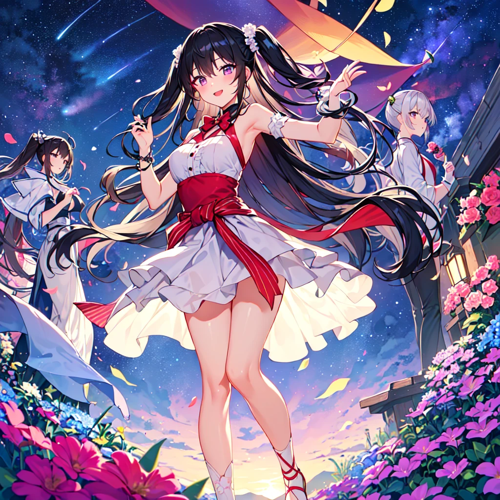 masterpiece, best quality, high quality, extremely detailed, very delicate and beautiful, (3female 18 years old Three:1.5), (long black hair up to waist with two-side up:1.5), bangs to eyebrows, eyes (long black hair up to the waist with two side up: 1.5), (bangs up to the eyebrows), eyes are sharp, strong and glossy, eyebrows are glossy, (eye color magenta: 1.3), 6.5 head tall, (witch fashion: 1.3), knee socks, lace, frills, (makeup: 1.3), (smiling), (standing), (raising her hands to invoke magic), (dynamic pose), (group shot 1.3), (summer flower garden:1.3), , (Milky Way Night Sky:1.3)