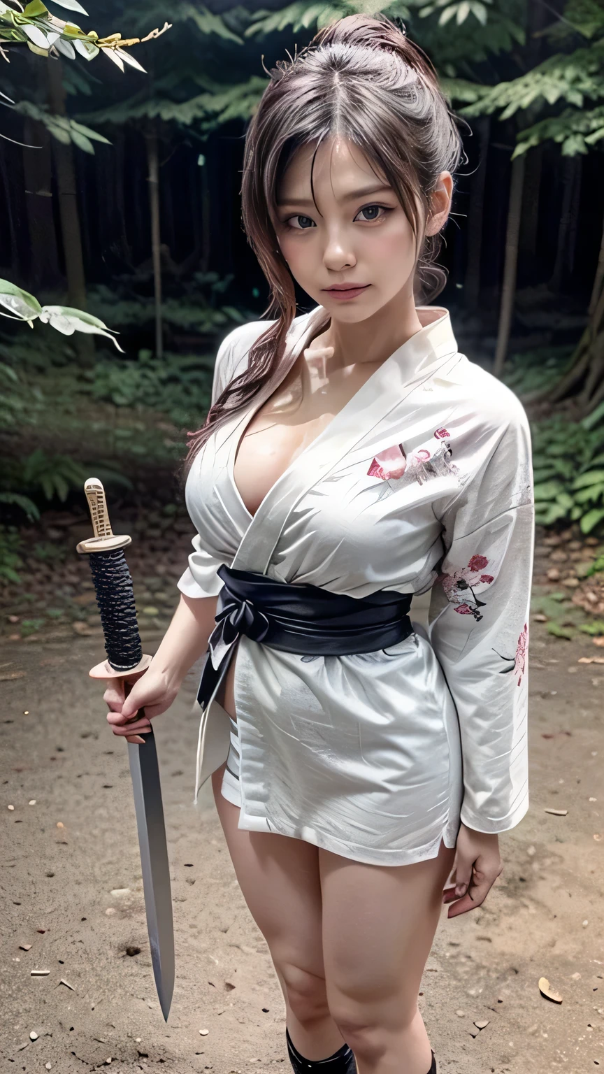 Mai Shiranui: bug busty big breasts "Mai Shiranui wears a short and revealing traditional Japanese kimono, acentuado con patrones de flores y colores vibrantes. El atuendo tiene una falda corta y suelta que muestra sus piernas mientras se mueve con agilidad. En el campo de batalla Completando su mirada, Mai also wears a combat belt around her waist where she usually keeps her kunai and other weaponry.