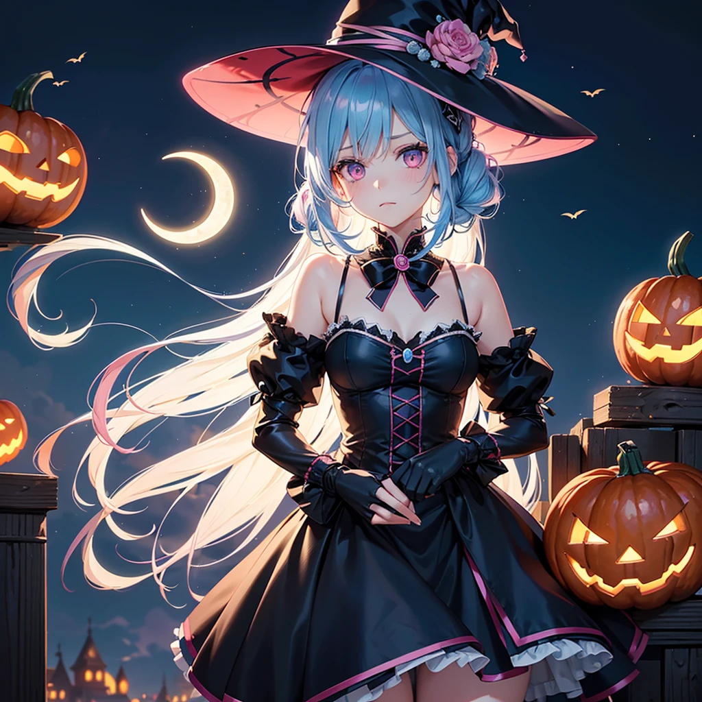 (Sky Blue Hair),(Braided medium hair), (Pink Eyes),Fair skin) ,(whole body),(One Girl),(Crescent Moon),(There are many pumpkin ghosts in the background),(If you don't give me sweets, I'll be mischievous.),Halloween Night Party),(masterpiece, Highest quality, Very detailed, Best Shadow), (Detailed Background), (Beautifully detailed face), High Contrast, (Best lighting, Very delicate and beautiful), ((Cinematic Light)), Hyper Detail,8k, Dramatic Light, Intricate details,Witch's Clothes,Magic broom,night,Bats flying in the background,