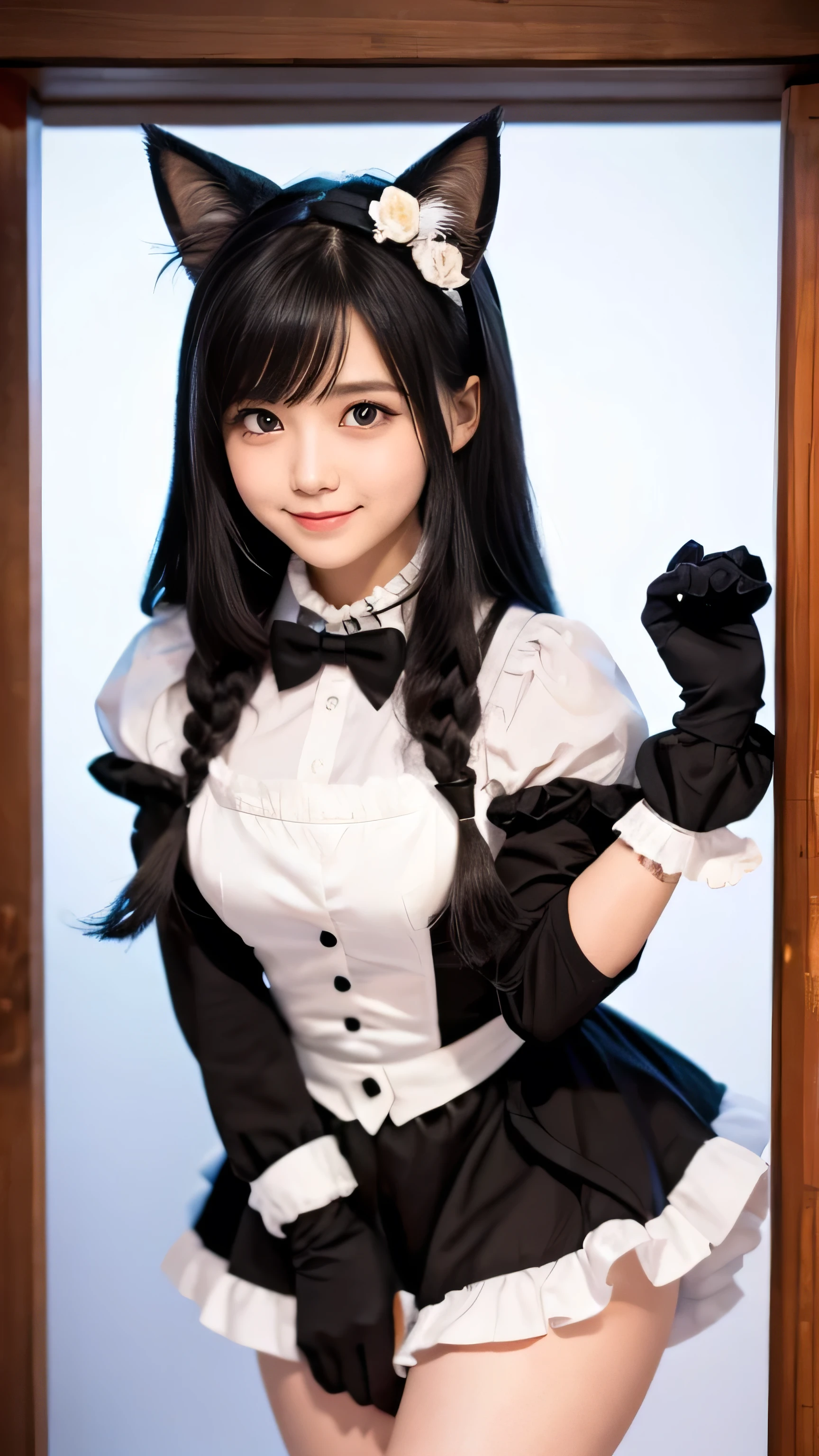 Prompt: Create an ultra-cute depiction of the Cat Sìth as a moe character, while retaining her key feline features. She has a , slender figure with smooth, pale skin. Her large, round amber eyes sparkle with curiosity and mischief, framed by long, dark lashes. She has short, fluffy black hair with cat ears poking out, twitching playfully. Her face is youthful and innocent, with a small button nose and rosy cheeks. She wears a cute, frilly outfit with a black and white color scheme, resembling a maid's uniform, complete with a fluffy tail that sways behind her. Her hands have soft, paw-like gloves, and she sports a mischievous, playful smile. The overall look blends the mystical allure of the Cat Sìth with the adorable charm of a moe character.