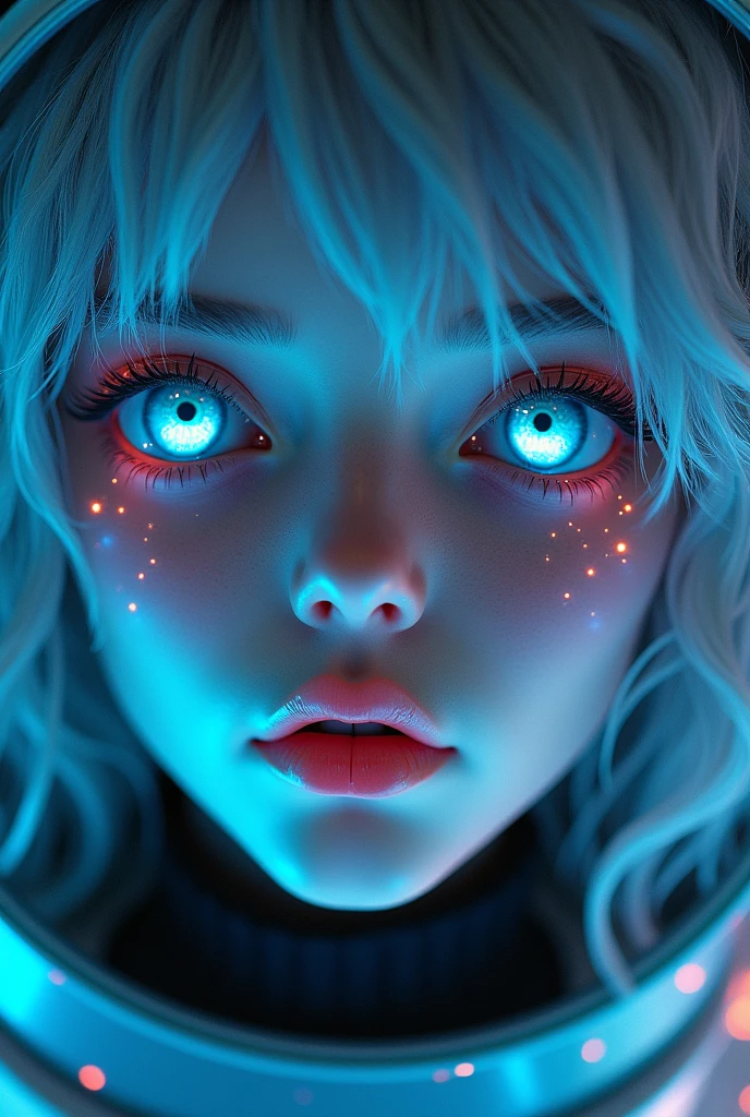 (Close-up of a better masterpiece:1.5)0.9], (Space and astronauts:1.2) (Messy silver hair:1.1) (Heterochromia xanthochromia and blue eyes:1.2) (Space Helmet:1.0) (Colored stars in the eyes:1.0) (A radiant glow:1.1) (thick lips:0.9)