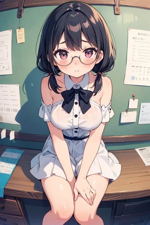 1 Cute naughty peasant girl, Pastel colors hair, medium breasts, Thighs, black hair, short hair, (low twintails), glasses, standard height, (anxious face:1,2、blush:1.2, quiet personality:1.2, shy), (naked), at the adventurer's guild, A bulletin board with posted paper, nfsw, sweat, (cum in vaginal:1.3), vaginal sex, (steamy breath:1.3)