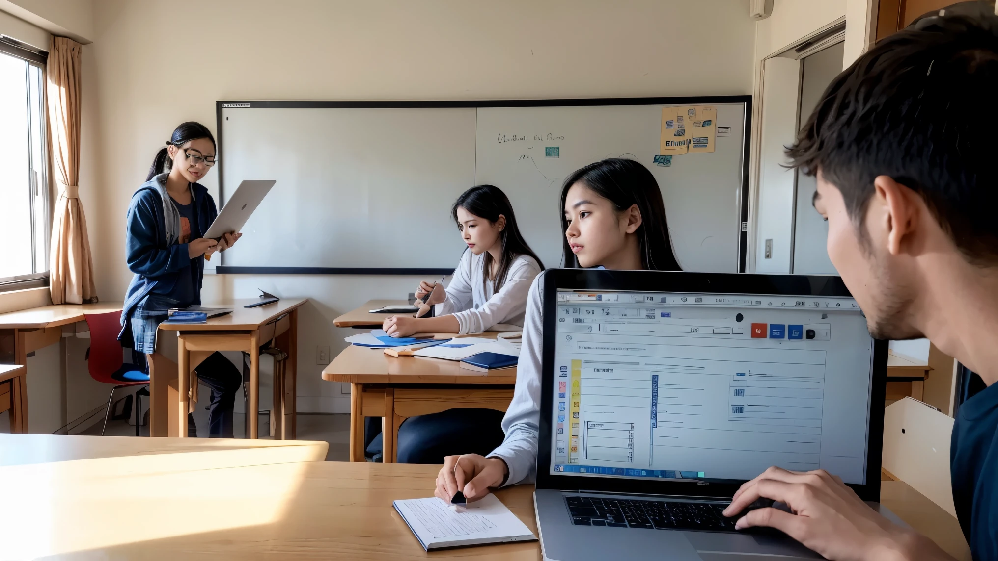 A visually appealing image showing students learning in a modern and engaging way (e.g., a group study session, a student working on a laptop, a tutor using a whiteboard to explain a concept). High school students in Nepal are my primary customers, so the image should resonate with them. make this image look as realistic as possible please. the face, body, background everything must look REAL
