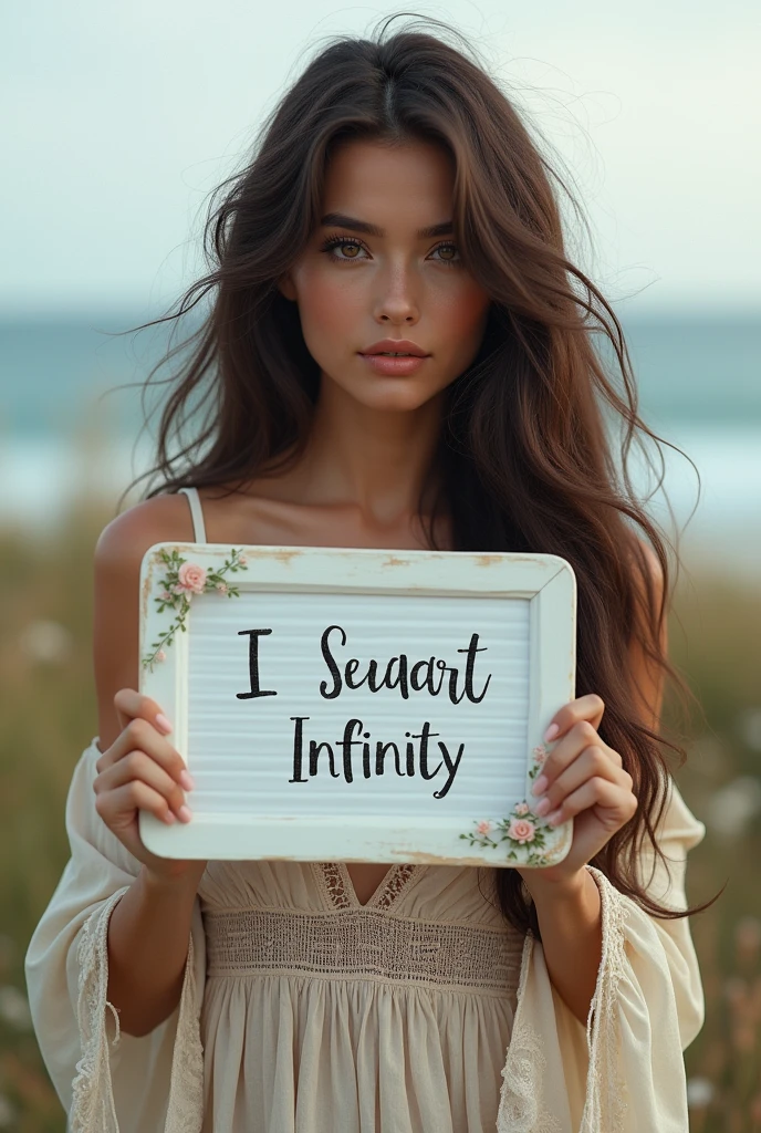 Beautiful girl with wavy long hair, bohemian dress, holding a white board with text "I Love Seaart Infinity" and showing it to the viewer
