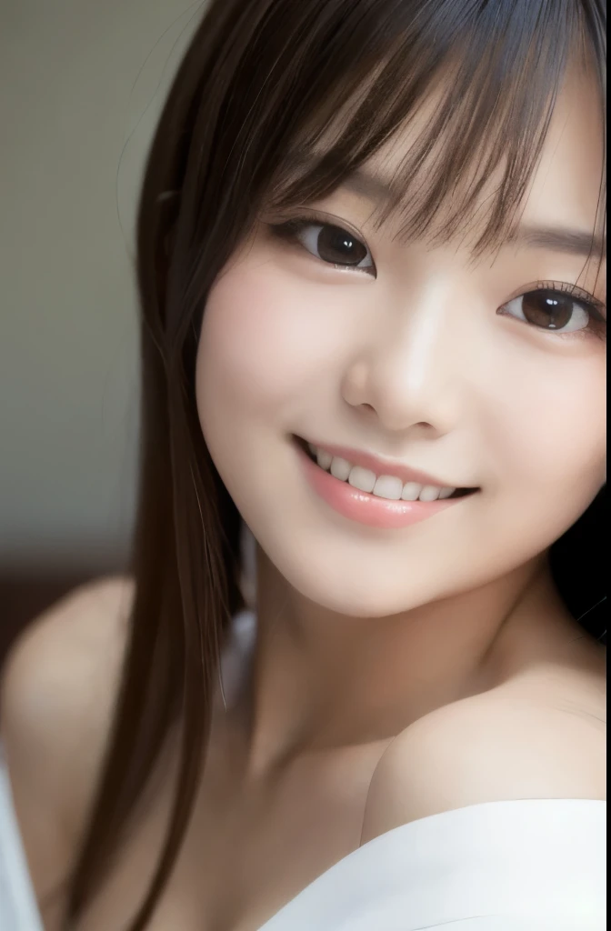 best quality, face focus, soft light, ultra high res, (photorealistic:1.4), RAW photo,(Shinozaki Ai), white skin, kawaii, 1 Japanese girl, solo, cute, (smile), (pupil, lights in the eyes),  detailed beautiful face, Medium-sized breasts,(high resolution detail of human skin texture),(long hair),(portrait), upper body, white traditional kimono
