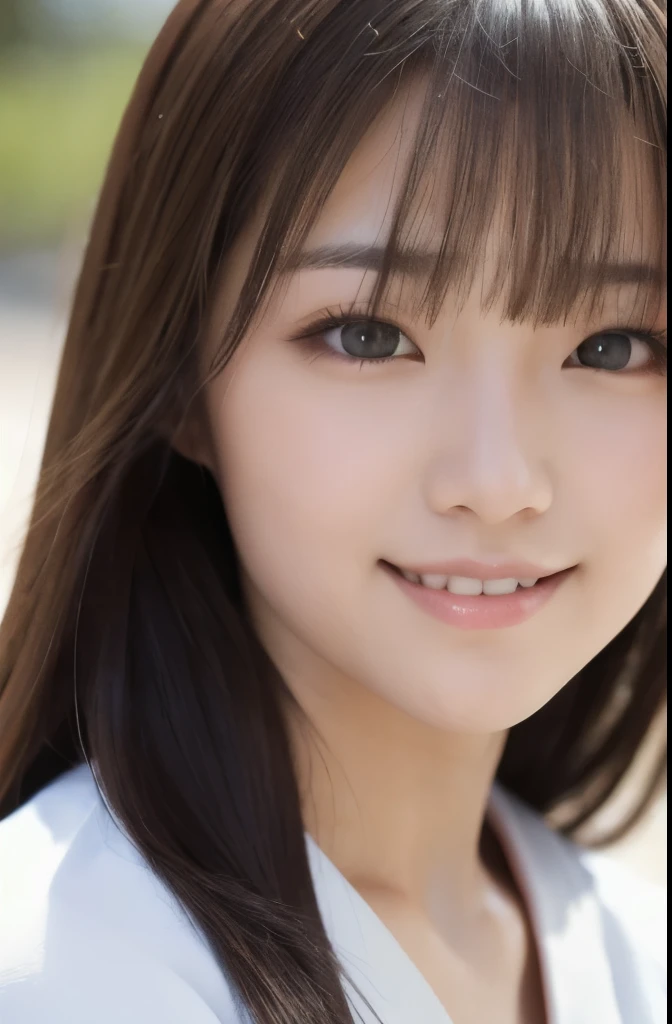 best quality, face focus, soft light, ultra high res, (photorealistic:1.4), RAW photo,(Shinozaki Ai), white skin, kawaii, 1 Japanese girl, solo, cute, (smile), (pupil, lights in the eyes),  detailed beautiful face, Medium-sized breasts,(high resolution detail of human skin texture),(long hair),(portrait), upper body, white traditional kimono