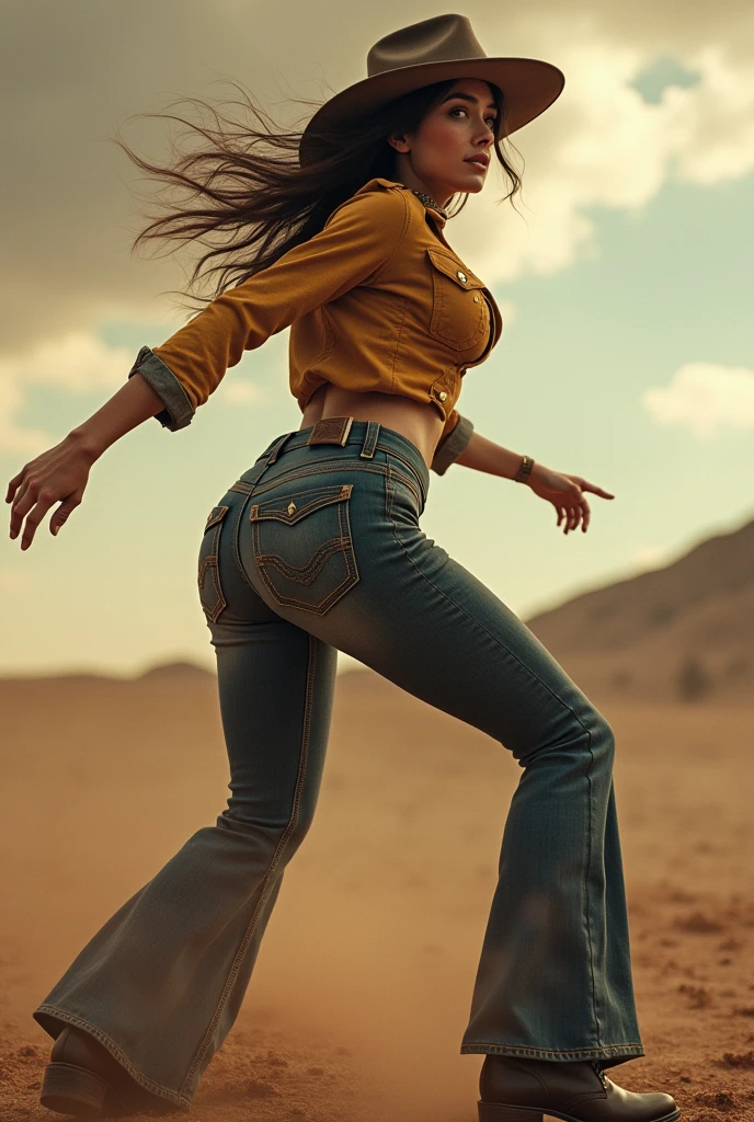 Cowgirl with flared pants , with huge butt , doing daring things