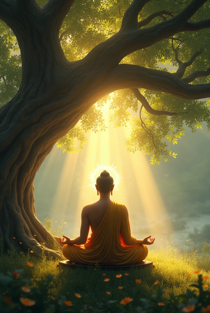 Describe Siddhartha’s meditation under the Bodhi tree, where he resolves to stay until he finds the truth.
Capture the moment of his enlightenment, where he discovers the Four Noble Truths and the path to end suffering, becoming the Buddha, “The Awakened One.