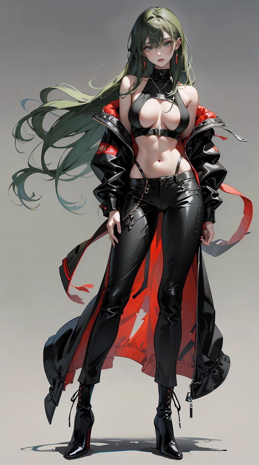 Highest quality、masterpiece、8k、Realistic、超High resolution、Very delicate and beautiful、High resolution、perfection、Gal、perfectionな女性の体、Beautiful woman、Mature Woman、Green Hair、long hair、Bright green eyes、Six Pack、Toned body、Large Breasts、Huge breasts、Black military uniform、Black Tank Top、I can see your belly、Black trousers、Black boots、cigarette、Wild Pose、Full body emphasis、Simple Background