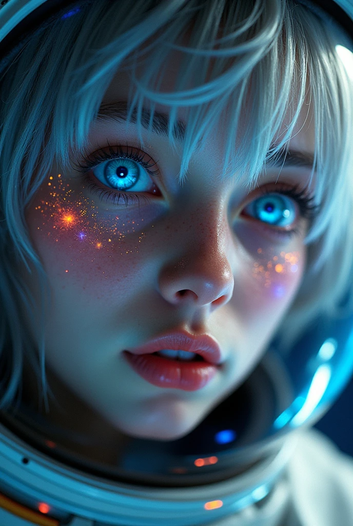 (Close-up of a better masterpiece:1.5)0.9], (Space and astronauts:1.2) (Messy silver hair:1.1) (Heterochromia xanthochromia and blue eyes:1.2) (Space Helmet:1.0) (Colored stars in the eyes:1.0) (A radiant glow:1.1) (thick lips:0.9)
