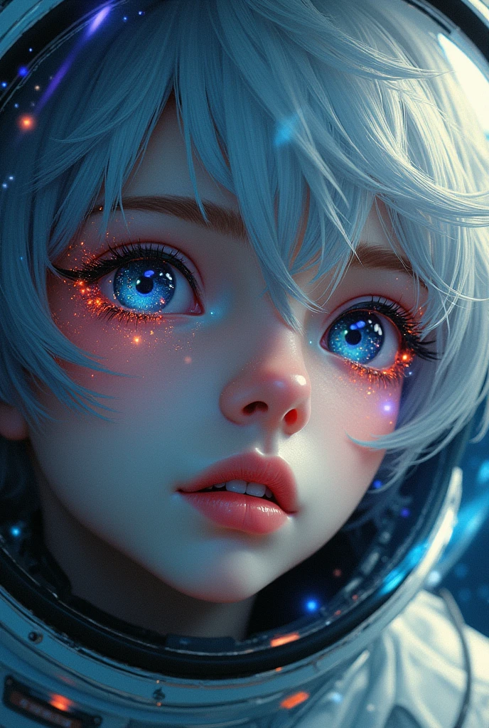 (Close-up of a better masterpiece:1.5)0.9], (Space and astronauts:1.2) (Messy silver hair:1.1) (Heterochromia xanthochromia and blue eyes:1.2) (Space Helmet:1.0) (Colored stars in the eyes:1.0) (A radiant glow:1.1) (thick lips:0.9)