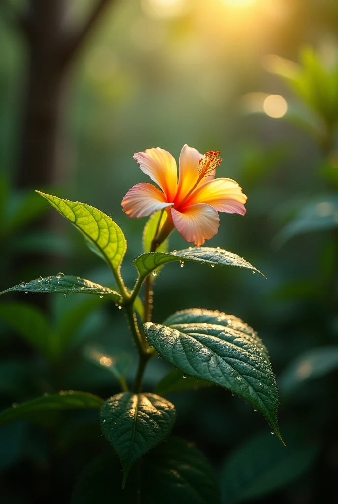 tree leaves and a flower in a heavy jungle in a morning sunshine, water drop