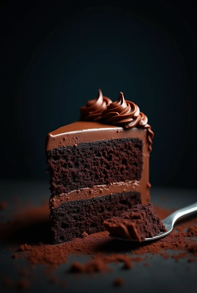 cinematic film still chocolate, chocolate cake, dark background, quality photo, moist texture, frosting, studio photo, slice . shallow depth of field, vignette, highly detailed, high budget, bokeh, cinemascope, moody, epic, gorgeous, film grain, grainy