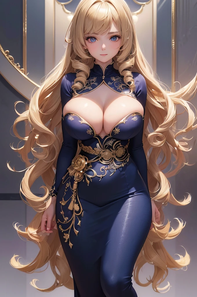 ((masterpiece, best quality, ultra-detailed, high resolution, extremely detailed CG, super detailed, Most beautiful clean lighting)), 1 girl, give a faint smile, Half Japanese, Multiple long drill hair, Large amount of hair, curly hair in vertical rolls, shiny blonde Long hair, Beautiful blue eyes, Elegant, curvy body, Beautiful lady, beautiful breasts, nsfw, 