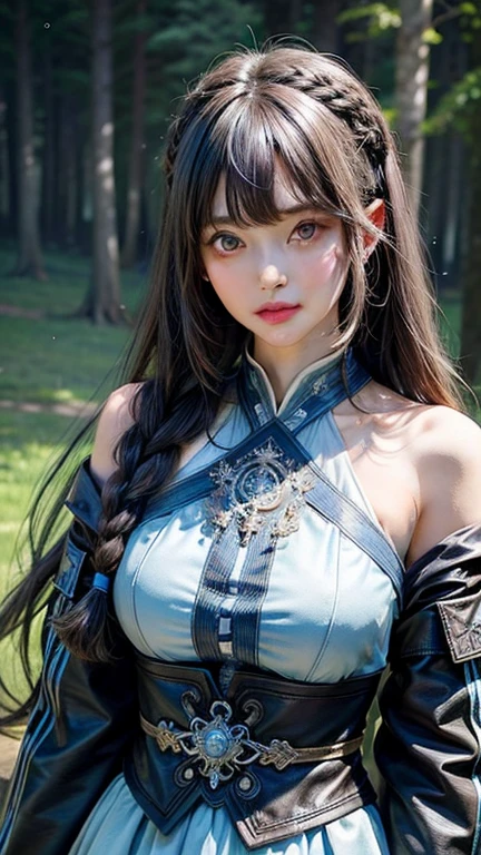 (masterpiece, Top quality, best quality, Official Art, beautiful and aesthetic:1.2), 1 Girl, extreme detailed, Rea, Light blue long hair, Emo, blue Eye, (Abstract, Fractal Art:1.3), highest detailed, detailed_Eye, Light_particle, Hanfu, Jewelry, Sexy, 蓝色Light芒, Large Breasts, Slim waist, Upper Body,Mizuki_Forest, Bangs,Braids