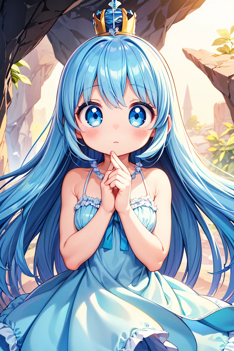 Beautiful illustration, best quality, cute girl, ((Inside a cave illuminated by blue magic)), pastel color, natural tones, Long blue hair, ((Crown)), ((Looking at viewer)), ((Athletic body)), ((Silk dress)), ((Surprised face)), (Blush), bright lighting, ((Big eyes)), ((Perfect hands))