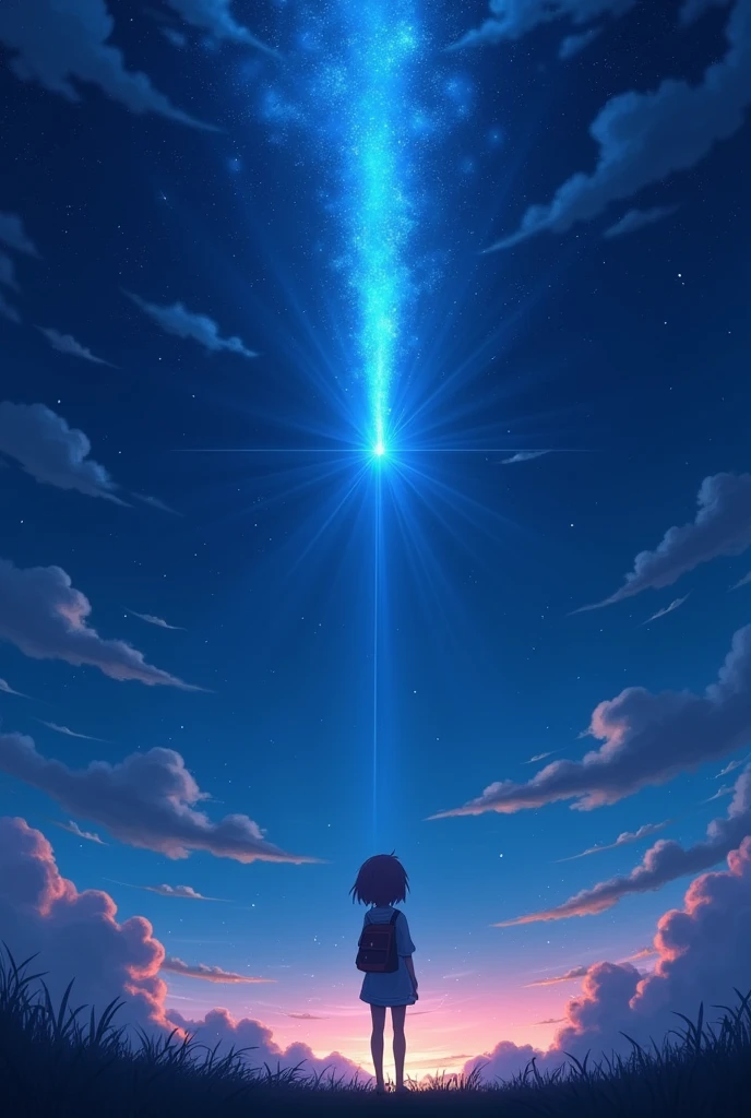 Your name anime picture when girl looking up and blue meteor falling down in night