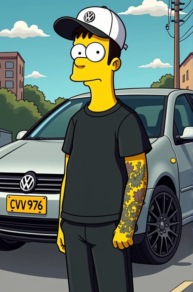 Simpsons poster young beardless man dressed in black with a white Volkswagen cap with only his left arm tattooed and in the background a silver-gray Volkswagen Jetta Jetta mk4 bora a4 2003 with black rims and with a yellow Colombian license plate CVV976 in the Simpsons background
