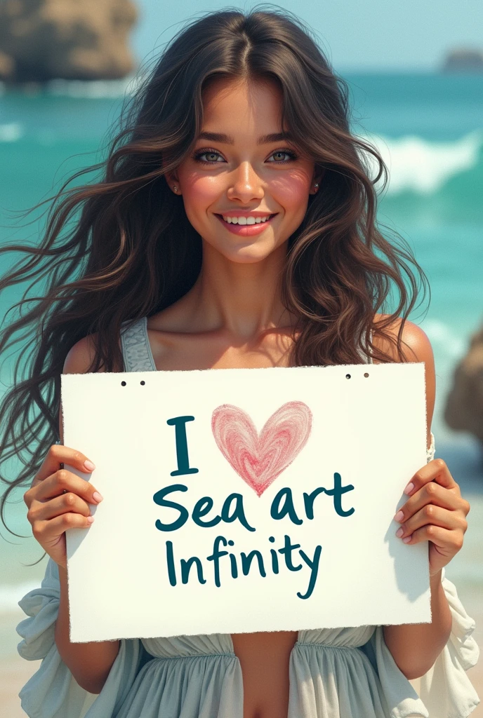Beautiful girl with wavy long hair, bohemian dress, holding a white board with text "I Love Seaart Infinity" and showing it to the viewer