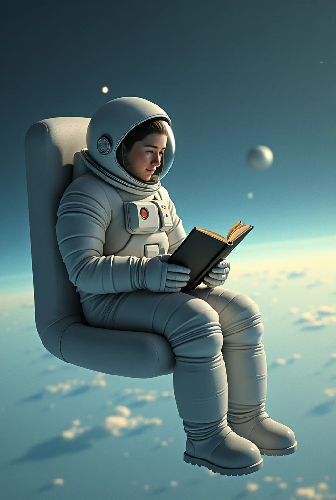 An astronaut sitting on a floating chair reading a book. The astronaut's face is a reflection. The chair doesn't have a backrest, so please