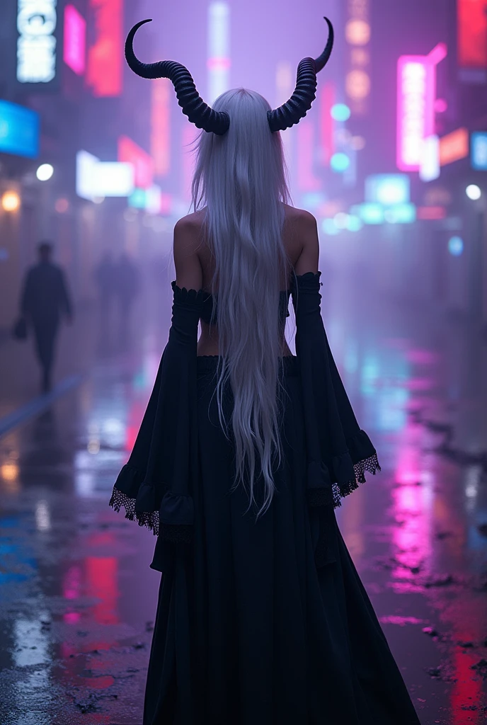 beautiful and scenic photography, full body photo head to toe, woman in a city edge in solution nine area in final fantasy, she's wearing a long robe, flared long sleeves, outfit in black and white, white long hair, with downward horns, background is cyberpunk, purple, blue, and pink lights