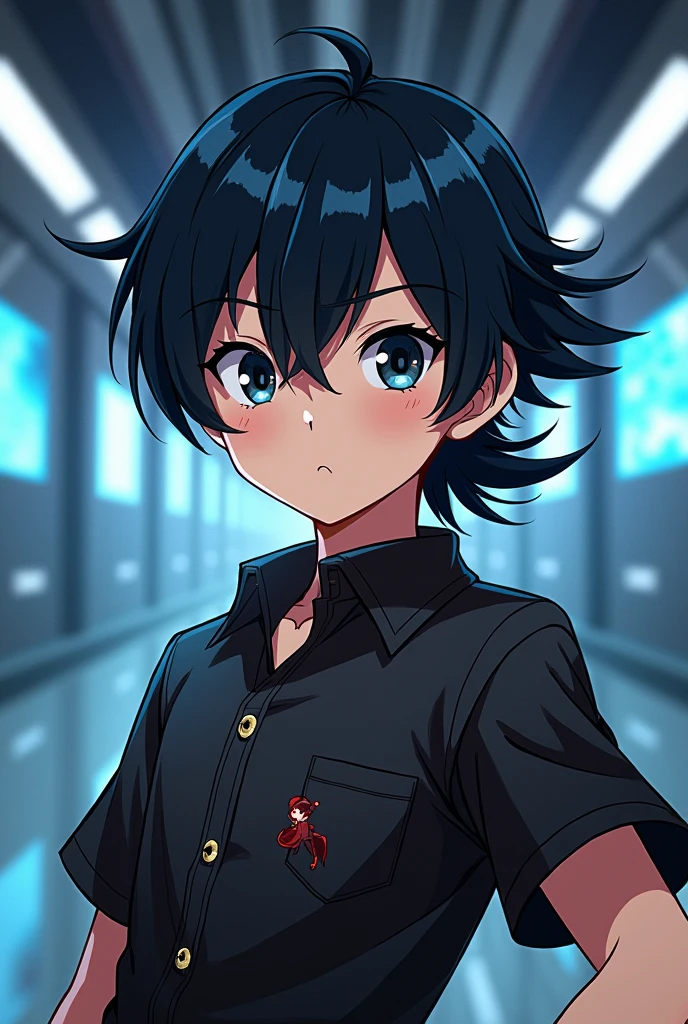 2D character boy 13 to 15 years old black hair two-block style looks like he's from Sword Art Online