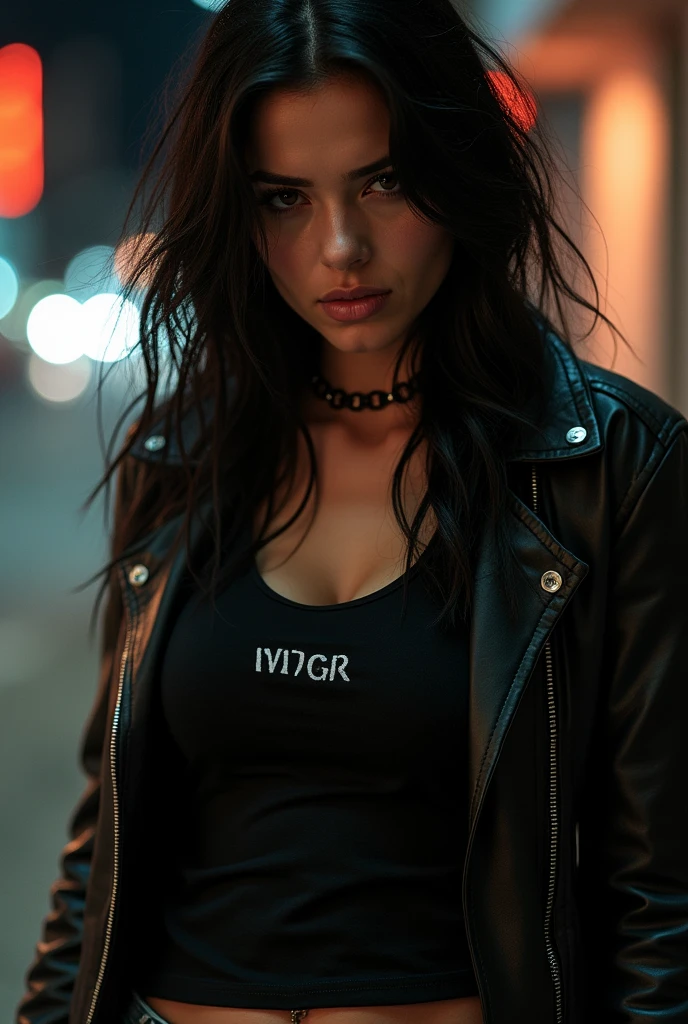 (Night backstreet:1.3), (woman:1.3), closeup, (full lips:1.1), (scowl:1.2), (detail:1.4), leather jacket, (muscular:1.3), (brown eyes:1.2), (black long messy hair:1.2), (black tee-shirt with logo:1.3), jeans with chains, threatening posture