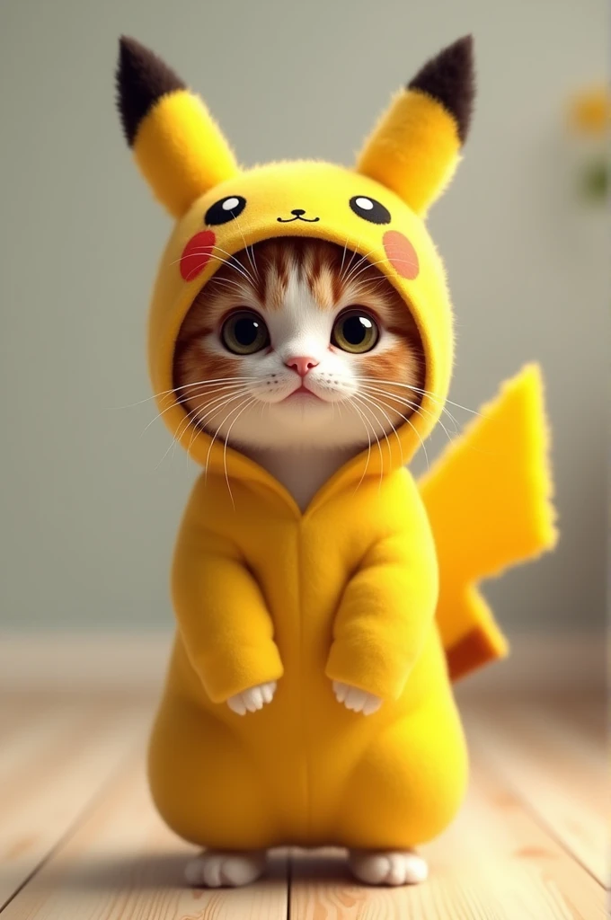 A cute cat wearing a Pikachu costume, standing up