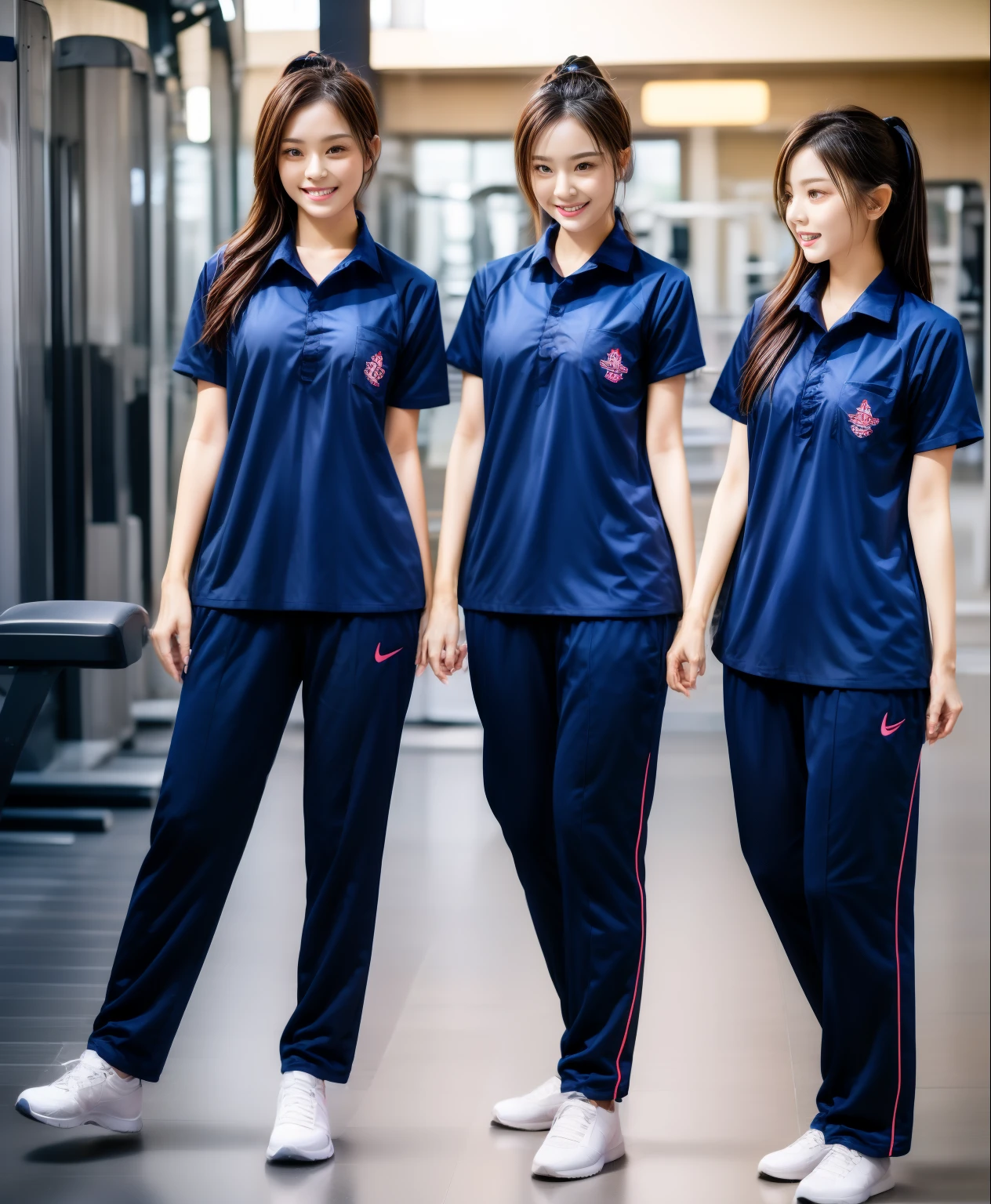 3 girls in fitness center, Navy blue short-sleeved shirt,Navy Long Trackpant,Sweatpants, Sweatpantsขายาว,25 year old girl, lesbian, sexy, exercise clothes, wet body, exercise clothes