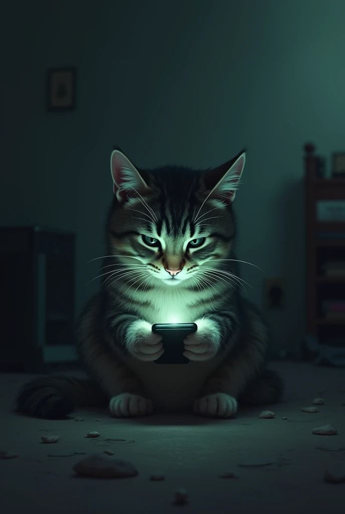 A sad male cat watching phone alone
