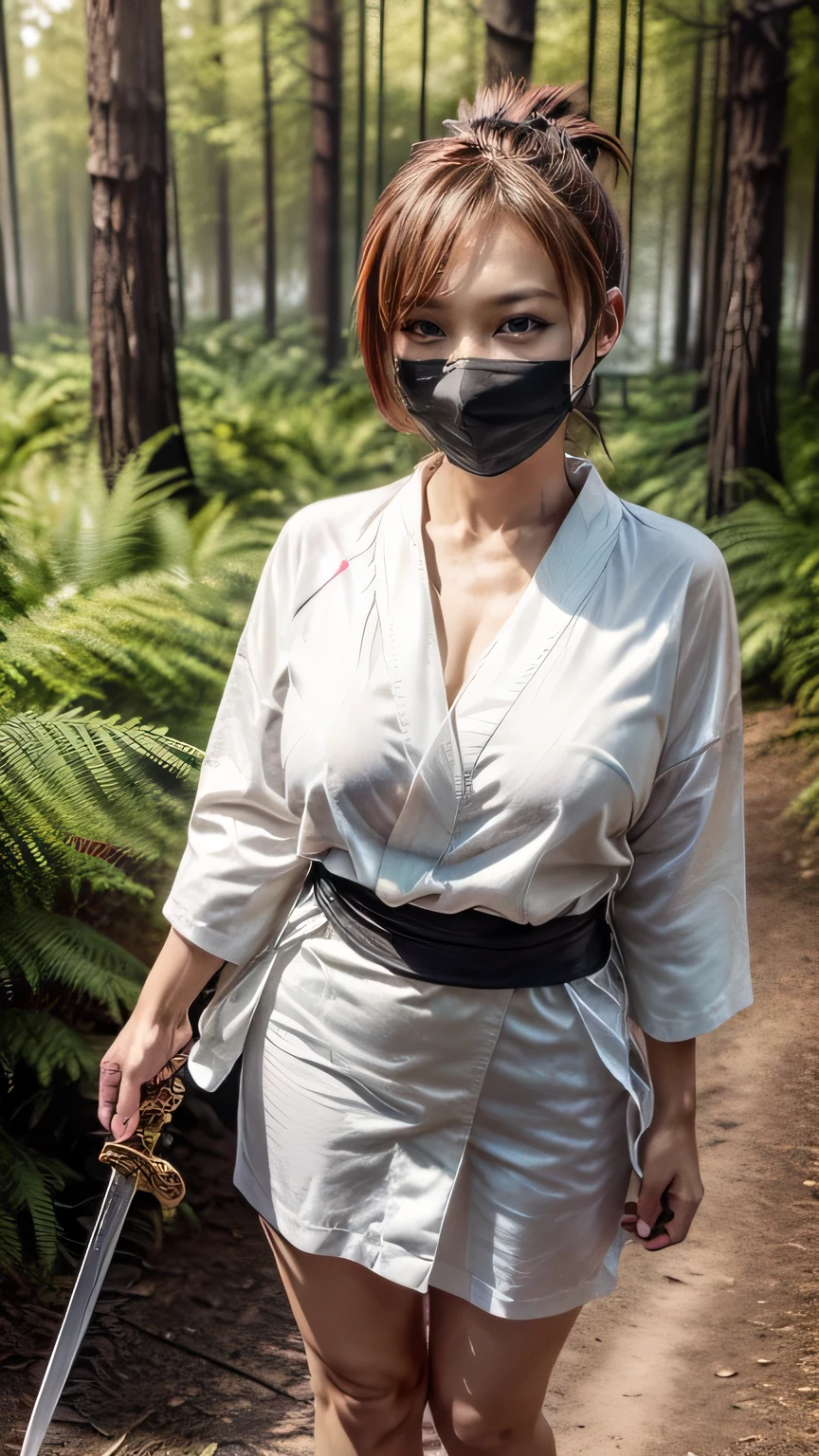 (was:1.3、((A female ninja standing in a fighting position with a weapon in the forest:1.5)、With background)、(Female ninja with a sword:1.5))、(Realistic、Like a photograph、Live Action、8k, Realistic, RAW Photos, Best image quality: 1.4), Single-lens reflex camera、RAW Photos, Highest quality, Realistic, Highly detailed CG Unity 8k wallpaper, Written boundary depth, Cinematic Light, Lens flare, Ray Tracing, Realistic background、(kunoichi:1.4、wearing a white floral kimono:1.5、A string passes through the chest)、Grey Hair、short hair、Short Ponytail、((Ultra-Dense Skin))、 1 girl,Cute Kunoichi、(whole body:1.5)、I like that style、Pay attention to the details、Perfect outfit、(White skin)、Accurate Arm、Accurate feet、Beautiful legs、Precise thighs、Anatomically correct body、View from above