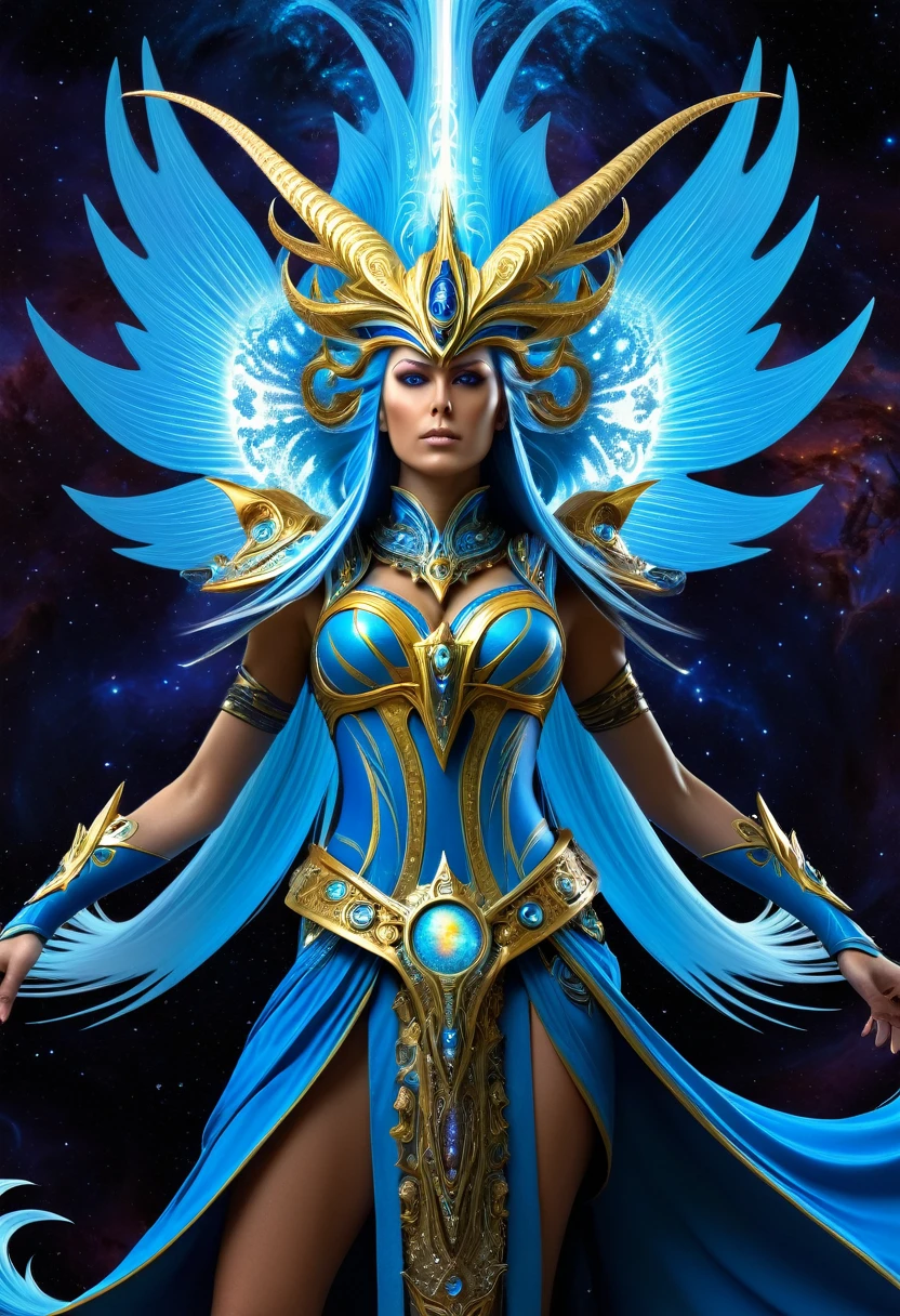 Tzeentch  as a woman,displaying her own power.((changing, plotting, defiance)),(( Full figure wiew)). ((Three quarter wiew)).((fractal)),((deep wiew)),warp space scenario background,photographic,ultra high resolution,hyperdetailed, masterpiece, 3d modelling, digital art. 