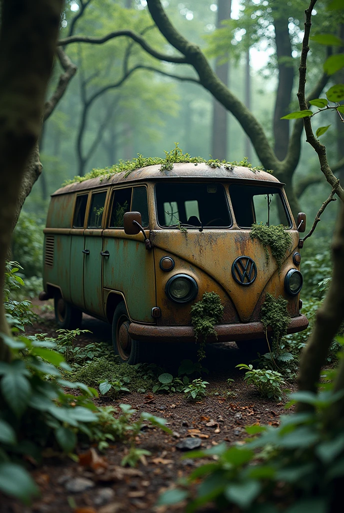 Abandoned van in forest