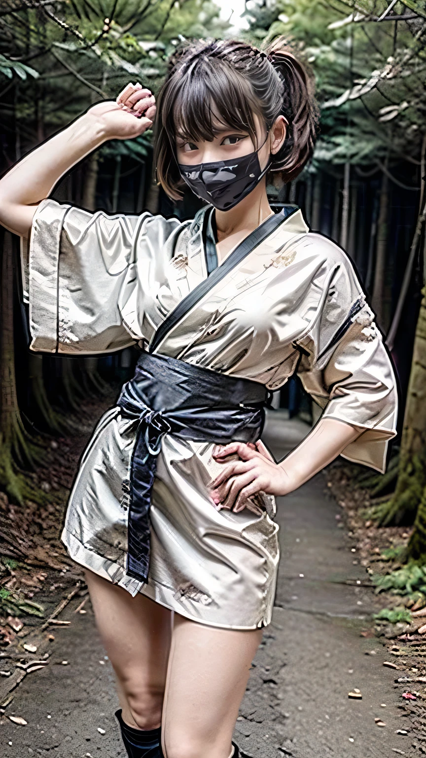 (was:1.3、((A female ninja standing in a fighting position with a weapon in the forest:1.5)、With background)、(Female ninja with a sword:1.5))、(Realistic、Like a photograph、Live Action、8k, Realistic, RAW Photos, Best image quality: 1.4), Single-lens reflex camera、RAW Photos, Highest quality, Realistic, Highly detailed CG Unity 8k wallpaper, Written boundary depth, Cinematic Light, Lens flare, Ray Tracing, Realistic background、(kunoichi:1.4、White floral kimono:1.5、p-line:1.3)、Grey Hair、short hair、((Ultra-Dense Skin))、 1 girl,Cute Kunoichi、(whole body:1.5)、I like that style、Pay attention to the details、Perfect outfit、(White skin)、Accurate Arm、Accurate feet、Beautiful legs、Precise thighs、Anatomically correct body、View from above