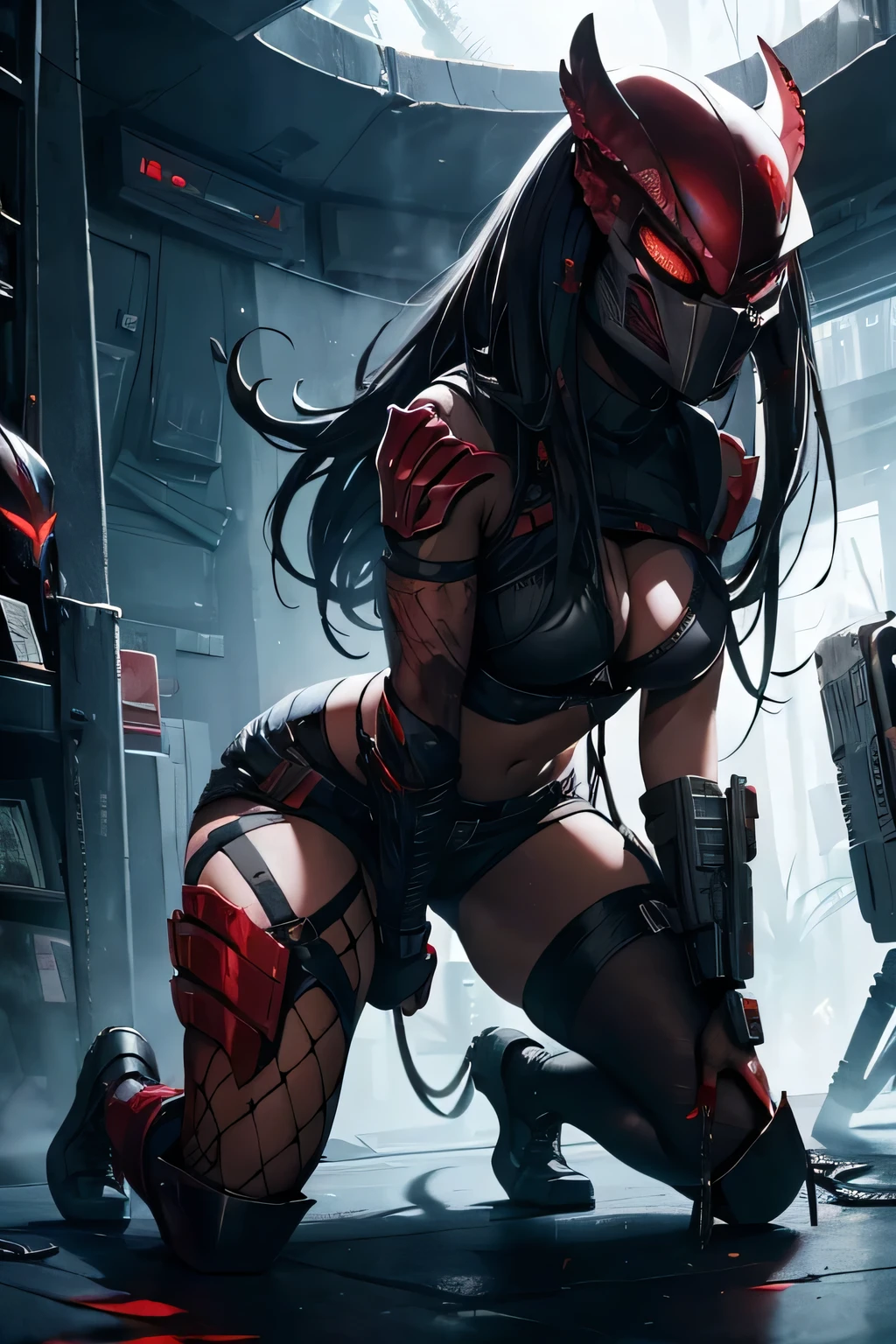 On the night in the jungle, large view ,full view of the girl body, fille de profil the predator face mask, ass view, kneeling on a floor, legs spread, , the predator mask, the predator cosplay, the predator le film, girl with very big , alien vs predator, the predator, sexy woman predator, predator, one girl with a predator combine , predator movie, no white lights Just a red light glowing, sexy predator , drops of blood, traces of blood, blood on lips, blood on the walls, horor, stressant, gore, chains hanging, chains stretched everywhere, tombeau, without light, red light glowing, dark, sombre, lights effects, peur, effrayant, seductive, seductive animated girl, sexy,