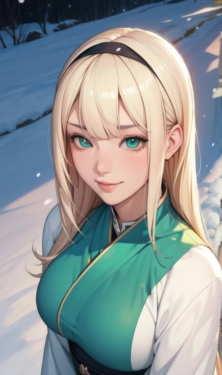 (masterpiece), (Highest quality), One girl, (Perfect Face:1.2), (Beautiful Face:1.2), Platinum Blonde Hair, (From above, Upper Body:1.3), Bangs in the middle of the forehead、Black headband、Green and yellow ribbon、Happy, A light smile, View your viewers, Pause, Emerald green eyes、
winter 、Bleaching、Shinsengumi, Outdoor, winter, snow, at night, Complex, Depth of written boundary, Cinema Lighting,
