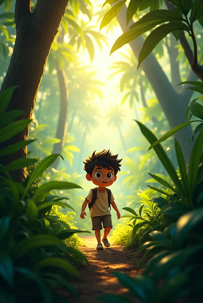 A young boy named Alex wanders through a dense, sunlit jungle, surrounded by vibrant foliage and the sounds of chirping birds and rustling leaves."
