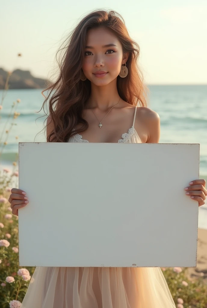 Beautiful girl with wavy long hair, bohemian dress, holding a white board with text "I Love Seaart Infinity" and showing it to the viewer