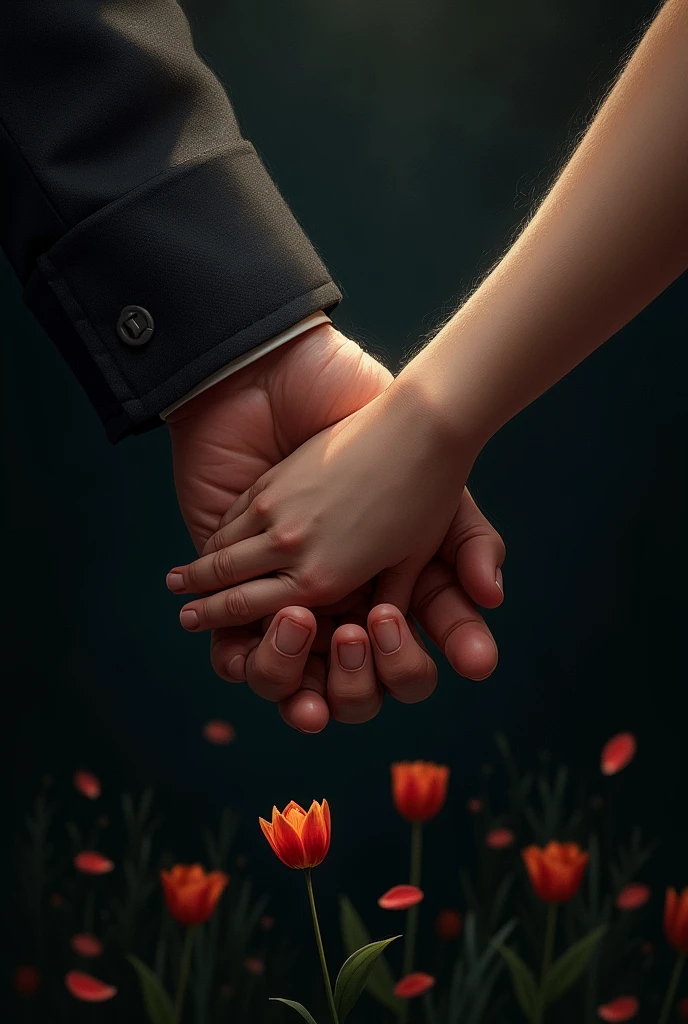 Two hands holding each other but in shadow without the features of the hands being visible., the hands of an almost adult man and thin Dark background but with some light, with many more tulip petals, that looks like a book cover, that looks like a drawing