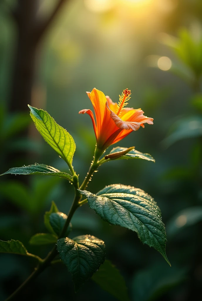 tree leaves and a wild flower in a heavy jungle in a morning sunshine, water drop