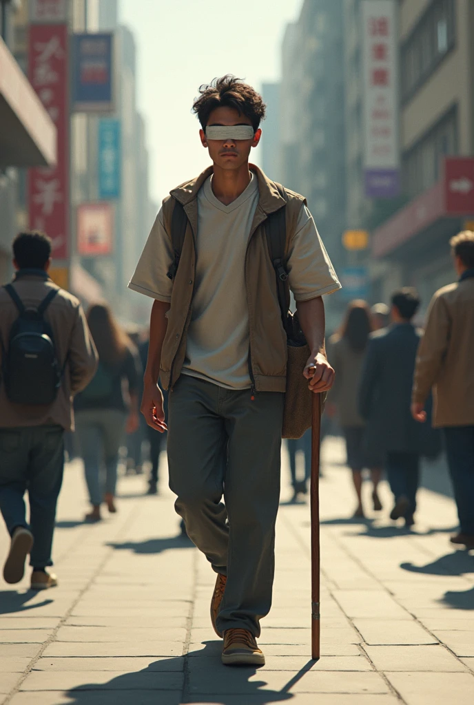 blind young man walks with 1 stick