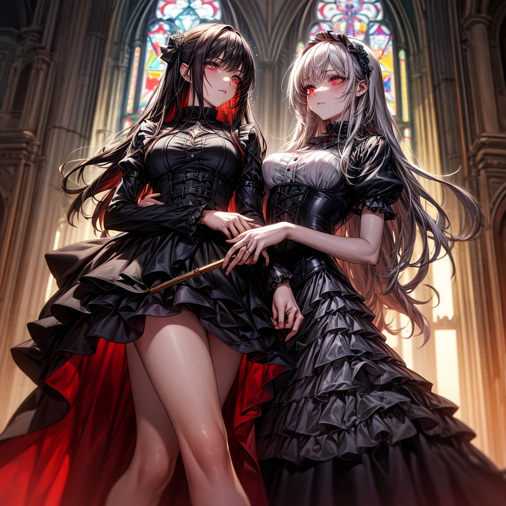 quality,8k,Highly detailed CG unit, masterpiece,High resolution,top-quality, real texture skin,Surreal,Increase the resolution,RAW Photos,最高quality,Very detailed,From below,Cool Beauty,Glamour Women, Cute pose,Gothic ta,A skirt full of frills,Red accent embroidery,long hair shining white, Mysteriously glowing crimson eyes, Queen, world, Crystal Flower,Sparkling stained glass like a kaleidoscope,Majestic cathedral,Layered skirt with details, Detailed embroidery, Very layered ruffles, Detailed Texture,A geometric magic circle above your head,Ornamented silver walking stick,hidden　Forbidden　Sanctuary,