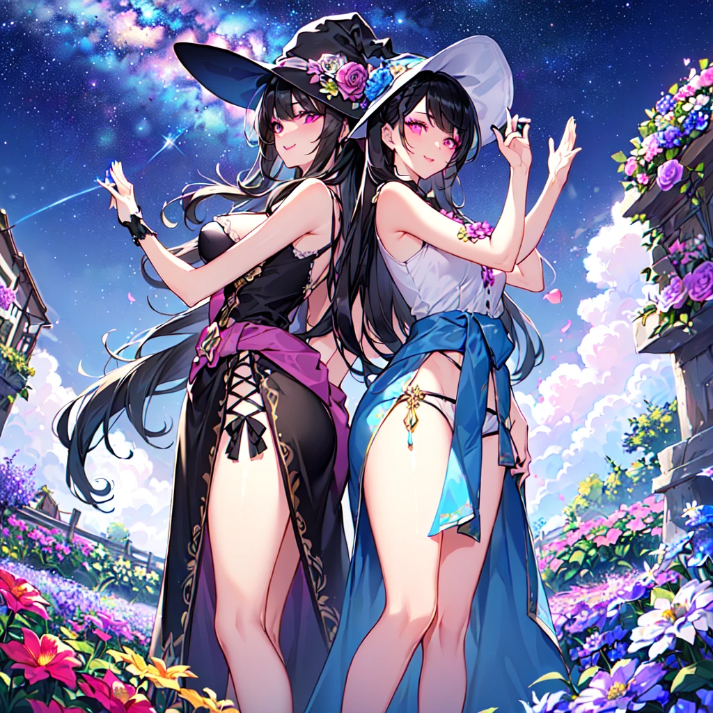 masterpiece, best quality, high quality, extremely detailed, very delicate and beautiful, (3female 18 years old Three:1.5), (long black hair up to waist with two-side up:1.5), bangs to eyebrows, eyes (long black hair up to the waist with two side up: 1.5), (bangs up to the eyebrows), eyes are sharp, strong and glossy, eyebrows are glossy, (eye color magenta: 1.3), 6.5 head tall, (witch fashion: 1.3), knee socks, lace, frills, (makeup: 1.3), (smiling), (standing), (raising her hands to invoke magic), (dynamic pose), (group shot 1.3), (summer flower garden:1.3), , (Milky Way Night Sky:1.3)