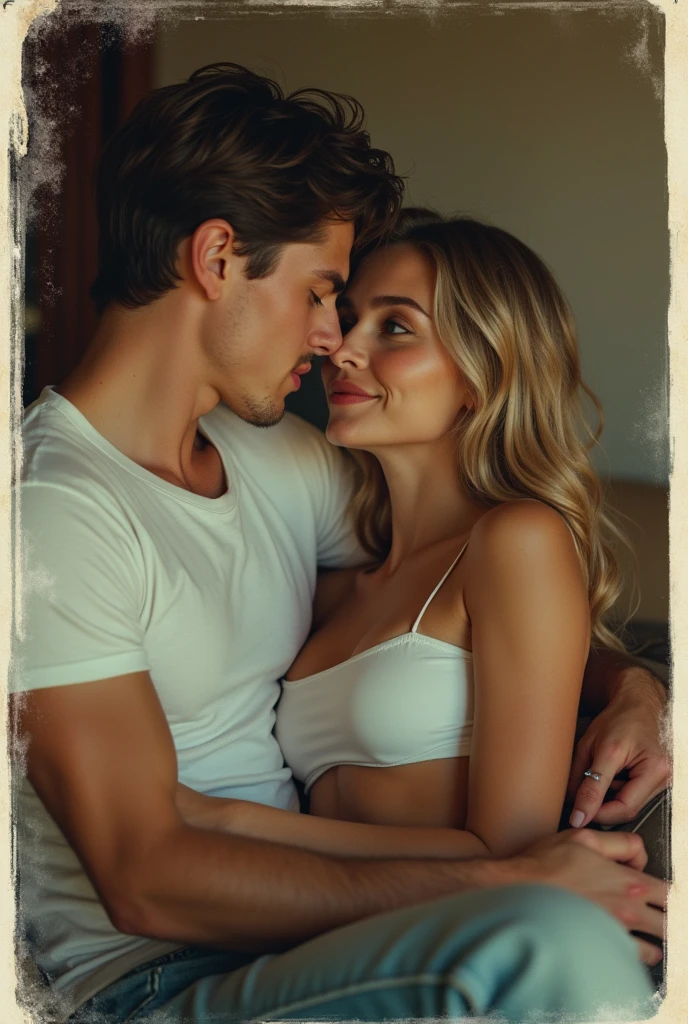 make a handsome teenage boy, inspired by 16 year old Leonardo DiCaprio, with blue eyes and thin red lips, He is sitting on a sofa. He wears a tight white t-shirt, toned and strong. He carries a beautiful young Argentinian woman with super long hair, Medium wavy and a soft light blonde color. Her green eyes shine with charm, and her white skin highlights her natural beauty. Long eyelashes frame her gaze, and her perfect face radiates a flirtatious smile. She is wearing a crop top and they both look at each other tenderly with a Polaroid effect kissing 