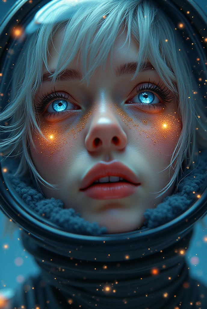 (Close-up of a better masterpiece:1.5)0.9], (Space and astronauts:1.2) (Messy silver hair:1.1) (Heterochromia xanthochromia and blue eyes:1.2) (Space Helmet:1.0) (Colored stars in the eyes:1.0) (A radiant glow:1.1) (thick lips:0.9)