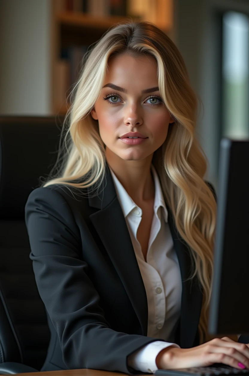 a beautiful girl with long blonde hair, detailed eyes, nose, and lips, wearing professional outfit, siting in her office, using her computer, hp comuter (best quality,4k,8k,highres,masterpiece:1.2),ultra-detailed,(realistic,photorealistic,photo-realistic:1.37),HDR,studio lighting,extremely detailed face and body, portrait,cinematic lighting,dramatic lighting,warm color tones,dramatic colors