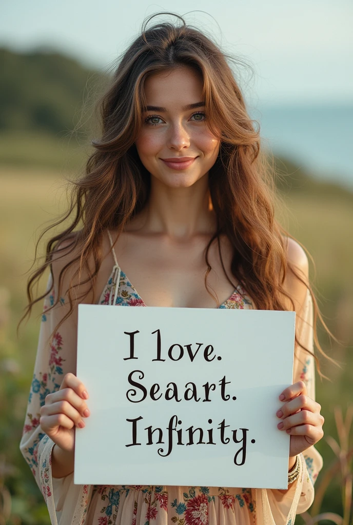 Beautiful girl with wavy long hair, bohemian dress, holding a white board with text "I Love Seaart Infinity" and showing it to the viewer