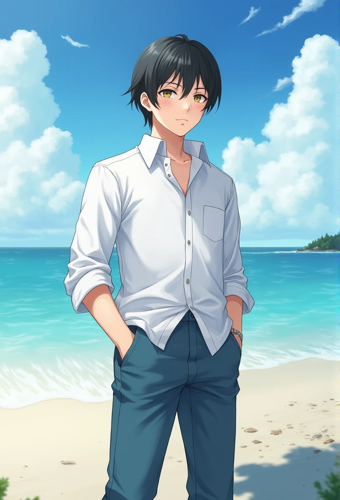 white shirt,denim pant,beachside,schoolboy,Put your hands in your pockets。