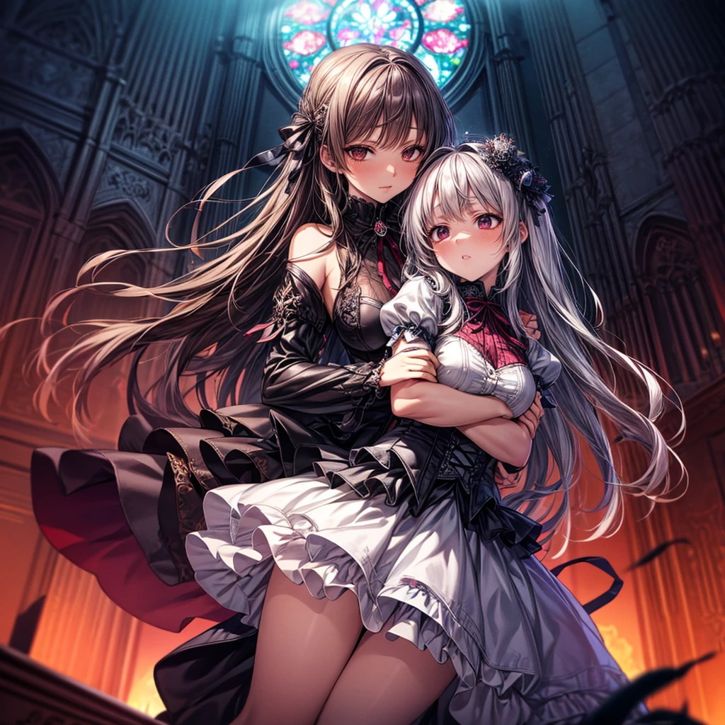 quality,8k,Highly detailed CG unit wallpaper, masterpiece,High resolution,top-quality, real texture skin,Surreal,Increase the resolution,RAW Photos,最高quality,Very detailed,From below,Cool Beauty,Glamour Women, Cute pose,Gothic Lolita,A skirt full of frills, Red Embroidery,Silver_Shiny long hair, Queen , Final Boss,world , Crystal Flower,Sparkling stained glass like a kaleidoscope,Majestic cathedral ,Detailed embroidery, Very layered ruffles, Detailed Texture,A geometric magic circle above your head,装飾されたSilverの聖杖,