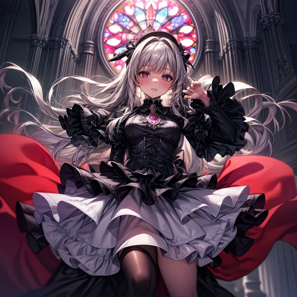 quality,8k,Highly detailed CG unit wallpaper, masterpiece,High resolution,top-quality, real texture skin,Surreal,Increase the resolution,RAW Photos,最高quality,Very detailed,From below,Cool Beauty,Glamour Women, Cute pose,Gothic Lolita,A skirt full of frills, Red Embroidery,Silver_Shiny long hair, Queen , Final Boss,world , Crystal Flower,Sparkling stained glass like a kaleidoscope,Majestic cathedral ,Detailed embroidery, Very layered ruffles, Detailed Texture,A geometric magic circle above your head,装飾されたSilverの聖杖,